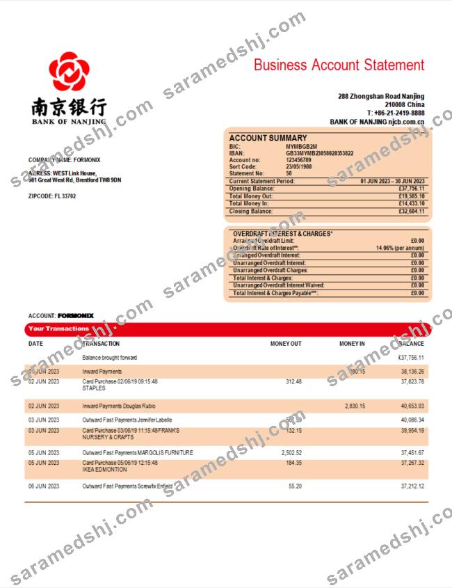 Bank of Nanjing corporate checking account statement Word and PDF template
